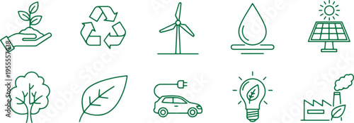 Illustrations of key sustainable and eco-friendly practices and technologies