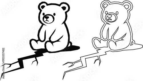 A black and white illustration features tow cartoon teddy bears, one solid and one outline. sitting on a fractured surface, conveying a scene of fragility. 
