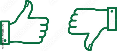 Positive and negative thumbs-up and thumbs-down hand gestures in green outline