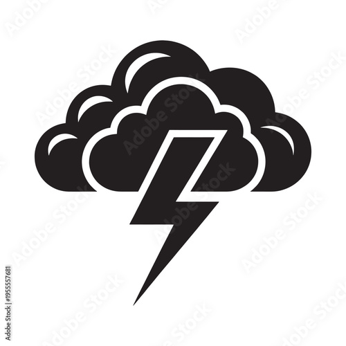 A black and white icon depicting a storm cloud with a lightning bolt