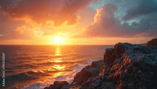 Dramatic sunset paints sky with fiery orange and yellow hues over calm ocean. Rocky cliff edge overlooks sea, reflecting golden sunlight. Peaceful coastal scene at dusk.