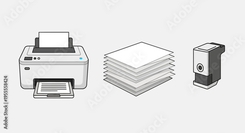 Printer and paper stack office supplies.