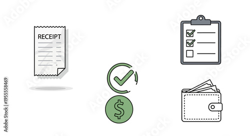 Finance icons including money receipt.