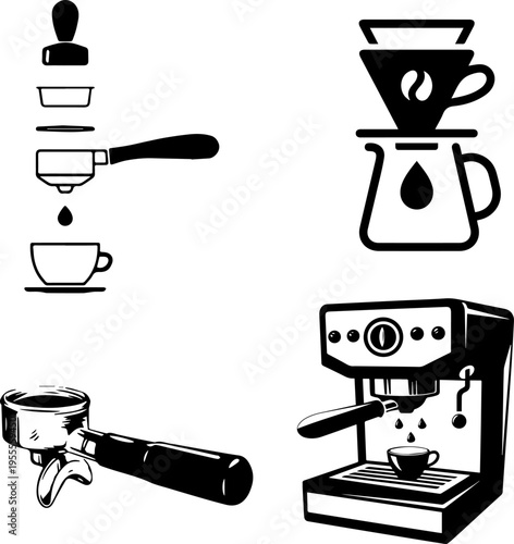 Professional Barista Tools and Coffee Machine Equipment Icon Collection