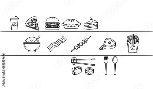 Thin line food banner icons with coffee pizza burger sushi fries and utensils in clean horizontal outline style