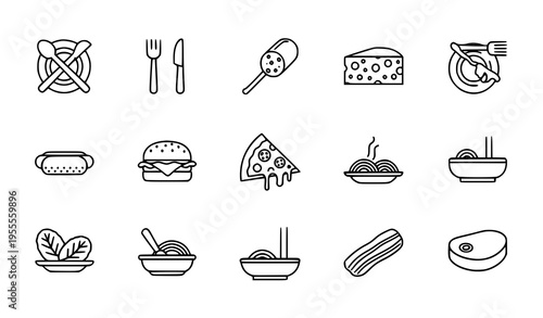 Minimal thin line food icon clusters with pizza pasta burger and utensil symbols in grouped outline vector set