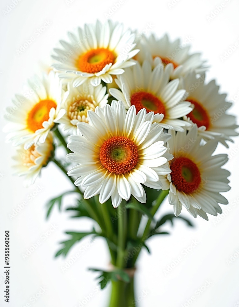Fototapeta premium White daisy flowers with orange centers bundled together on a plain white background. Fresh petals and green stems suggest nature and a new beginning.