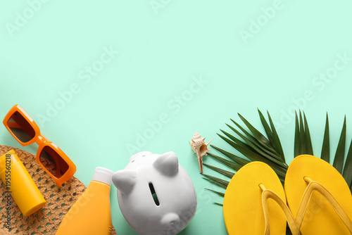 Piggy bank, sunglasses, sun...