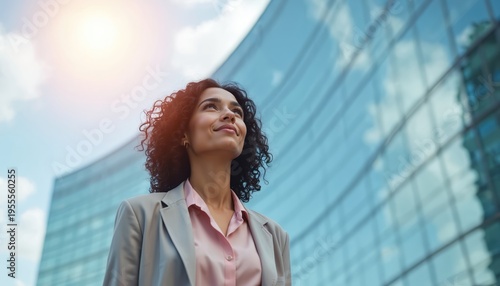 Ambitious woman looks up with smile near modern glass office building. She has hopeful expression, dreaming about success and future career growth in business.