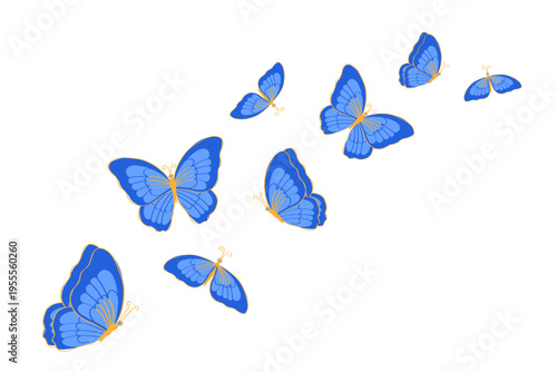 Flying blue butterfly cluster in dynamic composition. Stylized insect motion set for nature scenes, animation and decorative layouts. Butterflies on a transparent background