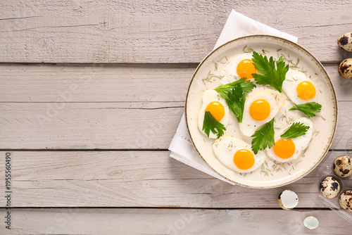 Plate with fried quail eggs...