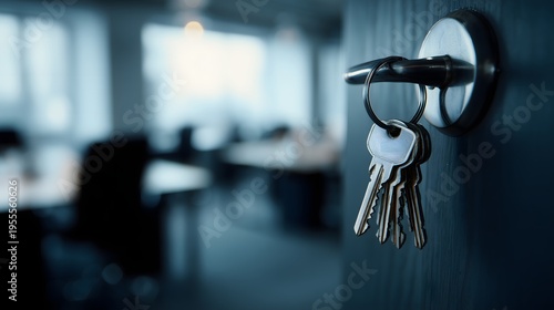 Set of keys hanging on door lock inside modern office interior, access control concept with security ownership workplace entry and property management