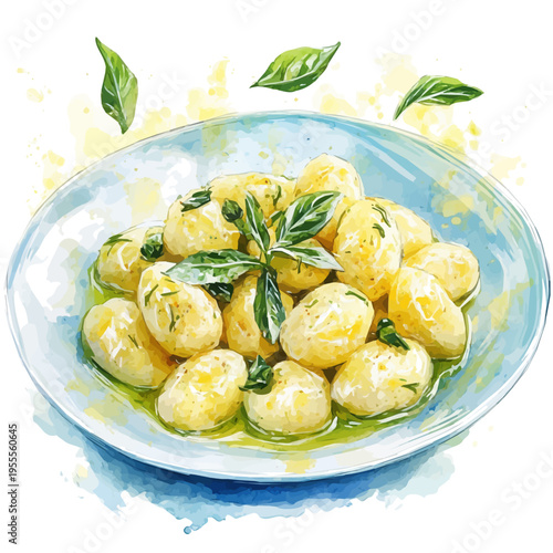 Gnocchi, semi-realistic fantasy design, magical atmosphere, watercolor painterly illustration, white background