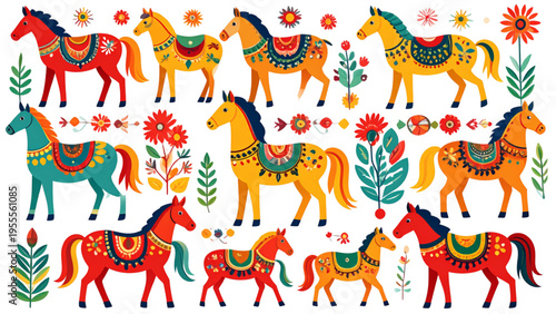 Decorative horse characters collection with ethnic patterns and colorful saddles for children design flat vector illustration