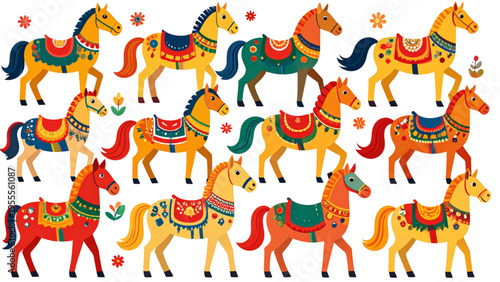 Decorative horse characters collection with ethnic patterns and colorful saddles for children design flat vector illustration