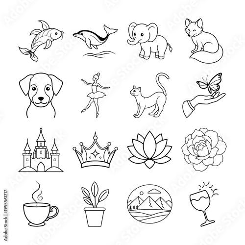 Cute Animals, Nature and Lifestyle Line Art Icon Set
