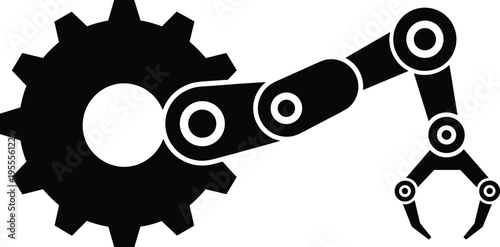 Cad drawing flat vector illustration of an industrial robotic arm and gear wheel for factory automation and manufacturing process technology.