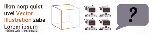 Artificial intelligence, robotics, communication, creative design, futuristic concepts, problem-solving. a geometric cube, robots and a question mark in a speech bubble. Artificial intelligence