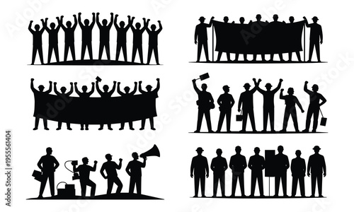 Silhouette crowd with banners, protesting and demonstrating with raised hands