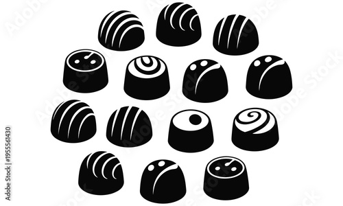 Collection of black silhouette chocolates, assorted sweet confectionery treats