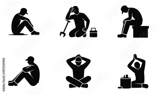 Silhouette of sad, tired, or depressed people in various resting and praying poses