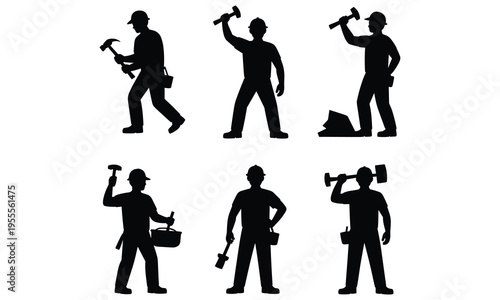 Construction worker silhouettes with tools: hammering, chiseling, and building