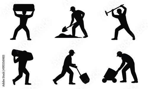 Construction workers silhouettes: carrying, digging, lifting, and moving materials
