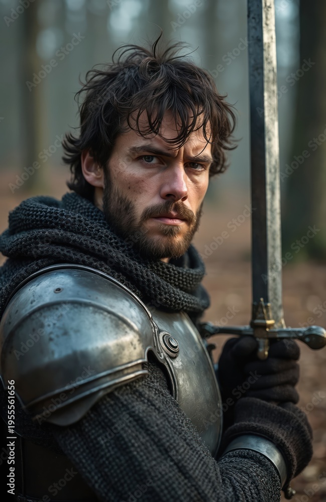 Obraz premium Man in metal armor holds sword outside in forest. Warrior with beard wears chainmail and helmet. Medieval fighter ready for battle. Serious face, focused gaze, strong stance.