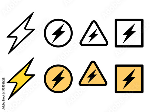電気・雷警告アイコンセット｜四角・丸・三角のバリエーション８種