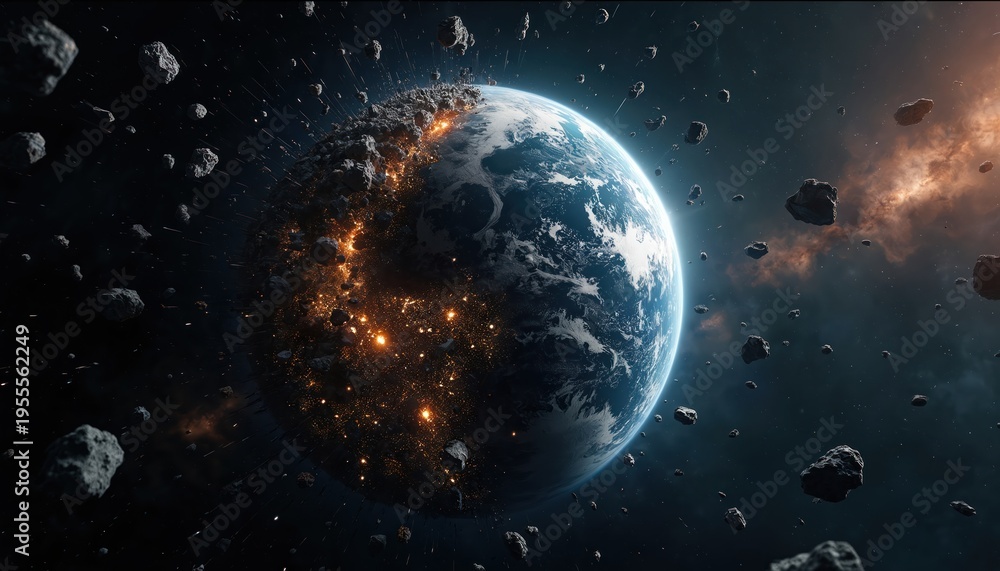 Fototapeta premium Earth planet breaks apart in deep space, asteroids fly around. One side shows bright city lights, other shows dark crumbling surface. Catastrophe.