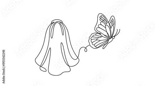 Wedding Veil Turning into Butterfly Continuous Single Line Minimalist New Beginning Line Art Illustration