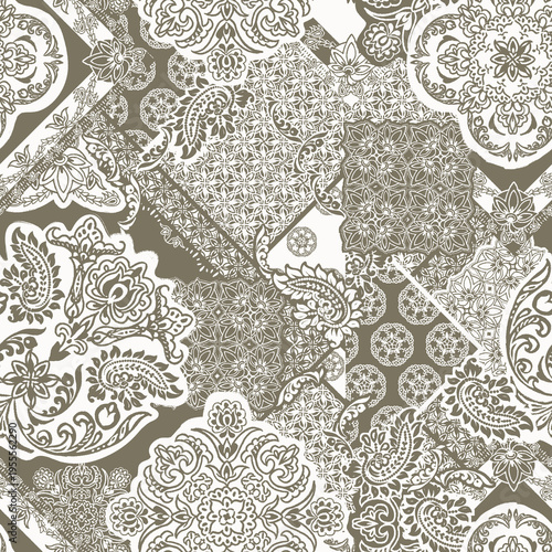 Foto Vintage Bohemian Patchwork Seamless Pattern - White Paisley, Floral and Mandala