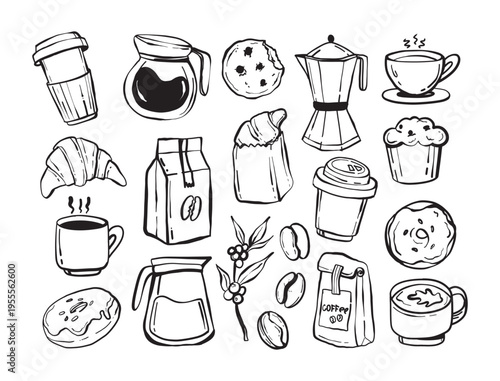 Hand drawn coffee doodles  set