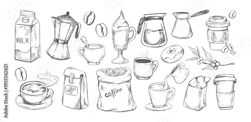 Hand drawn coffee doodles pencil texture set