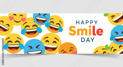 Colorful smiling emojis with 'happy smile day' text on white background for social media