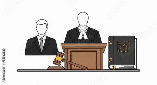 Lawyer and judge at a courtroom desk with gavel and legal book illustration