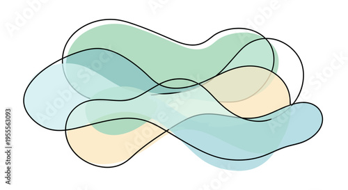 Minimalist composition of overlapping translucent fluid shapes in pastel green, blue, and yellow. Modern abstract graphic design with black outlines.