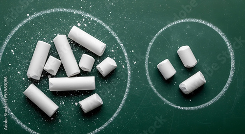 White chalk pieces scattered on a green chalkboard with drawn circles