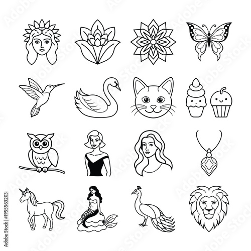 Beauty, Fantasy and Nature Animals Line Art Icon Set