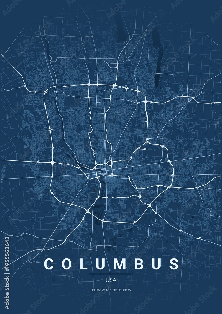 Fototapeta premium Architectural Columbus City Map Poster, Blueprint Style Urban Street Grid Illustration