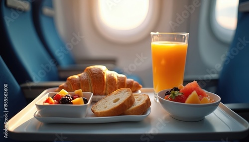 Airplane breakfast tray with croissant fruit bowl and orange juice. Served on tray table inside cabin with seats in background. Morning light shines through window.