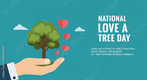Hand holding tree with hearts national love a tree day eco friendly environmental care green