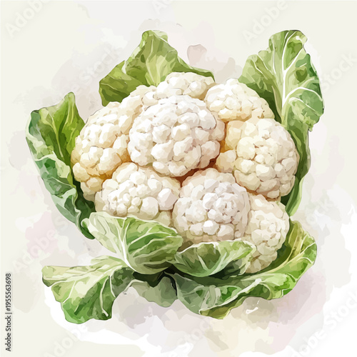Cauliflower, fantasy-inspired semi-realistic illustration, soft glowing accents, watercolor style, isolated on white