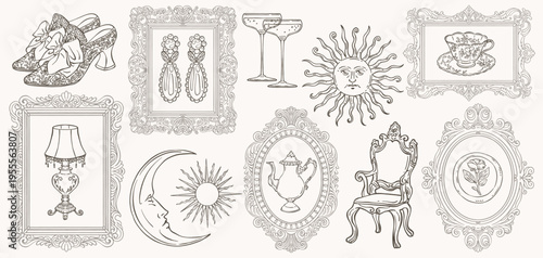 Vintage decorative line art set with ornate frames, antique objects, and elegant hand drawn illustrations