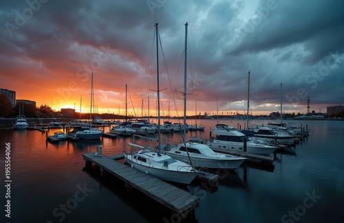 Boats docked at marina during dramatic sunset with clouds over calm water. Dusk scene shows moored vessels and distant city buildings reflecting on lake surface.