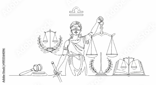 Justitia goddess of justice holding scales and sword with blindfold law symbols around her