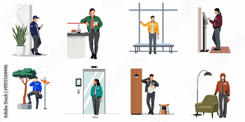 Flat vector illustration set of people in various modern urban and indoor settings, wearing casual bomber jackets and engaging in daily activities.