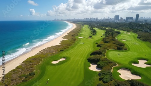 Aerial view of golf course beside ocean and sandy beach. Rich green fairways wind past sand traps and trees. City skyline visible in distance under blue sky with clouds.