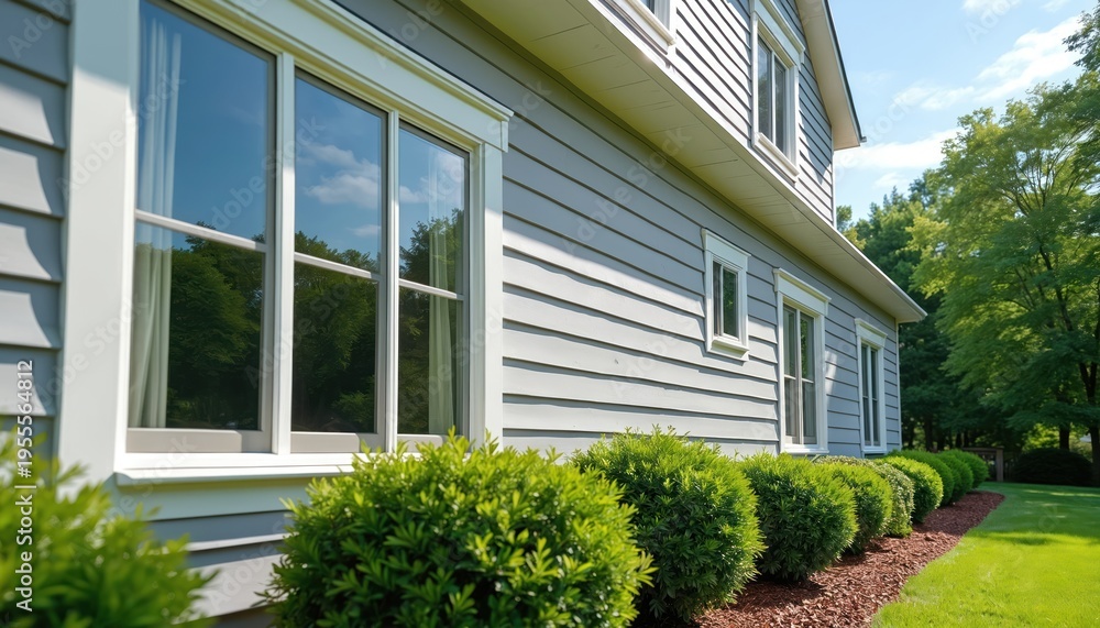 Fototapeta premium Exterior of house with gray siding and white trim. Large windows reflect green trees and blue sky. Neat bushes and lawn are in front of the building. Modern residential architecture.