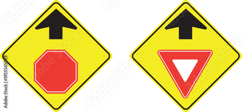 Stop ahead and yield ahead traffic signs vector graphic isolated.